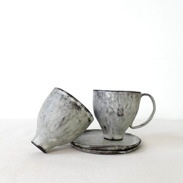 Hand-Built Wabi-Sabi Black Clay Cup – High-Footed Zen Mug